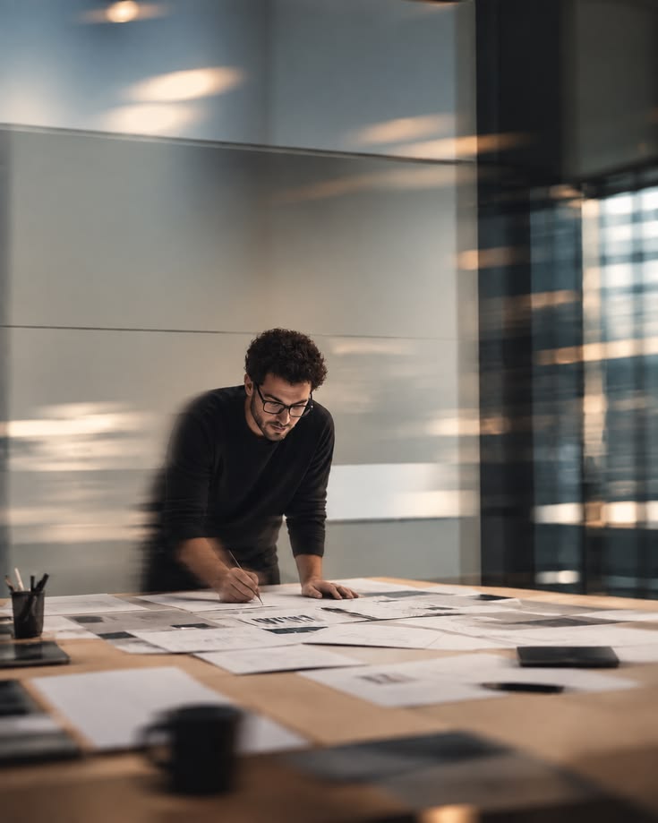 Profissional analisando documentos sobre a mesa
